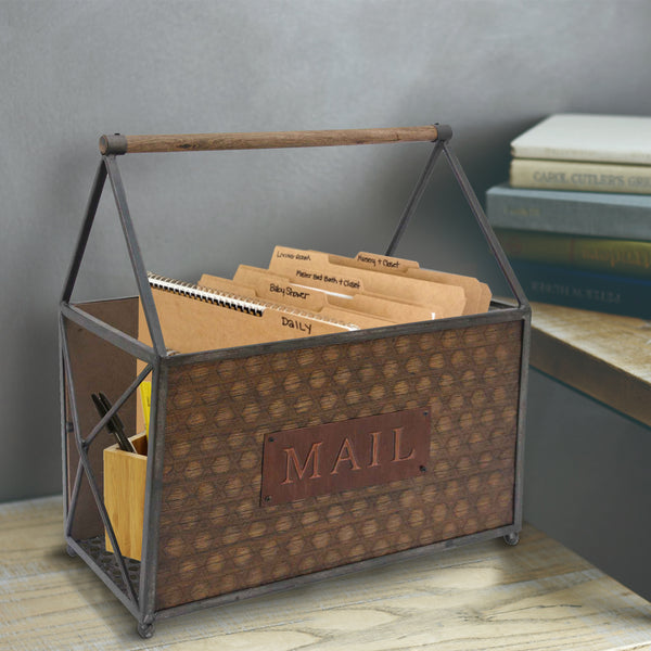 Wood and Metal Frame Basket with Handle and Typography, Brown and Gray - C554-FHB002