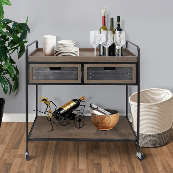 Caster Supported 2 Drawer Wood and Metal Rolling Cart, Brown and Black - C554-FHB004