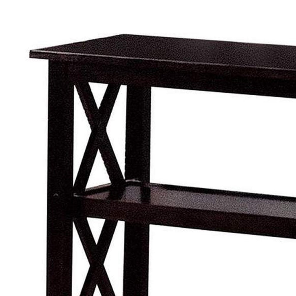 Transitional Wooden Sofa Table With "X" Side Design & Two Shelves, Dark Brown