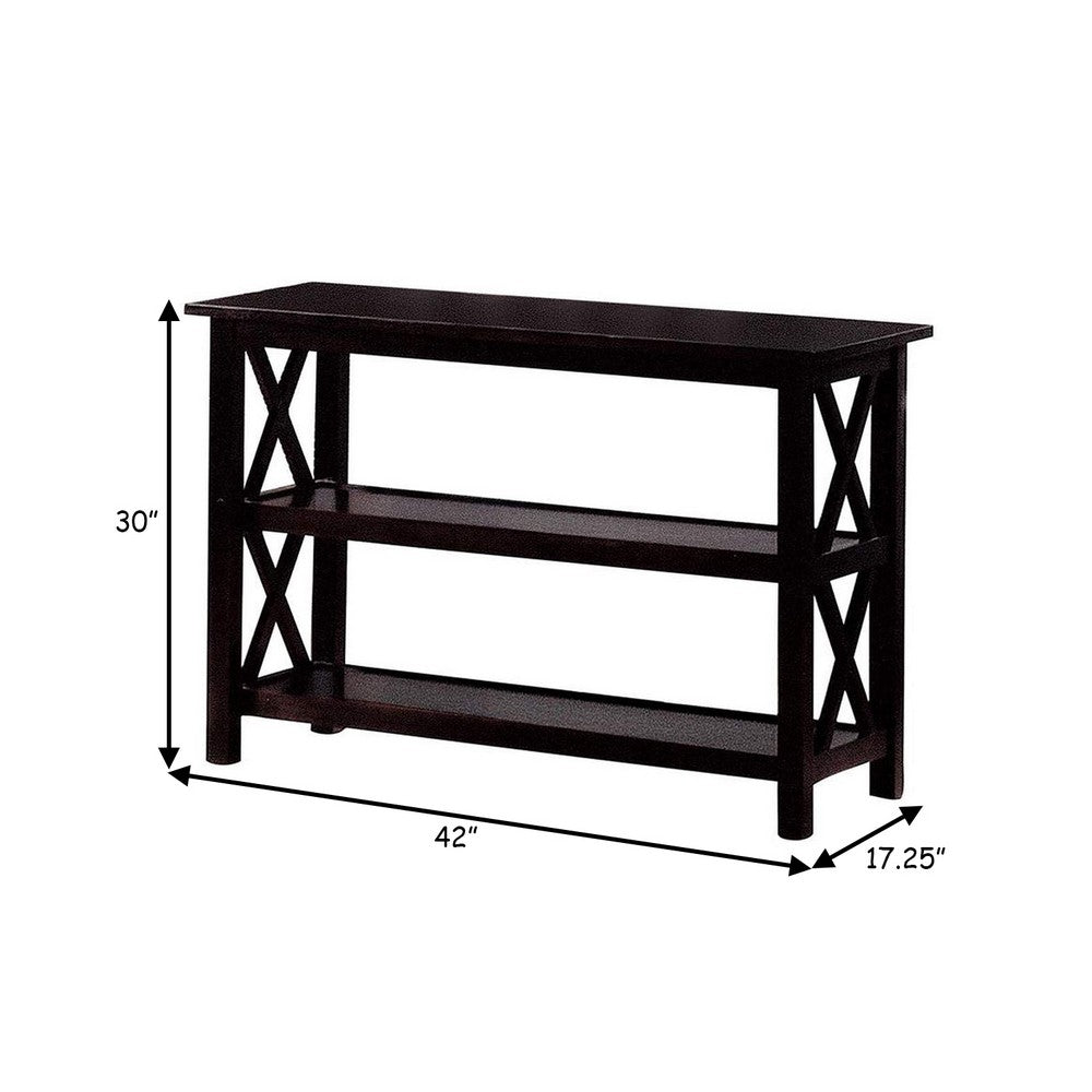 Transitional Wooden Sofa Table With "X" Side Design & Two Shelves, Dark Brown