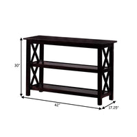 Transitional Wooden Sofa Table With "X" Side Design & Two Shelves, Dark Brown