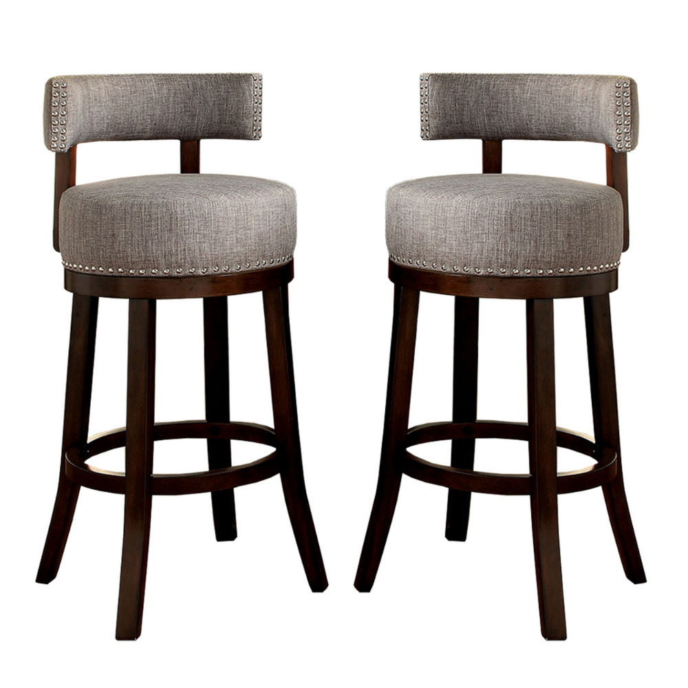 Swivel Barstool with Curved Open Low Back, Set of 2, Gray and Brown - BM131357