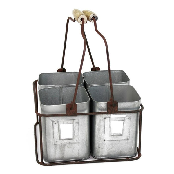 Galvanized Metal Four Tin Storage Organizer with Movable Wooden Handle,Gray - BM166877