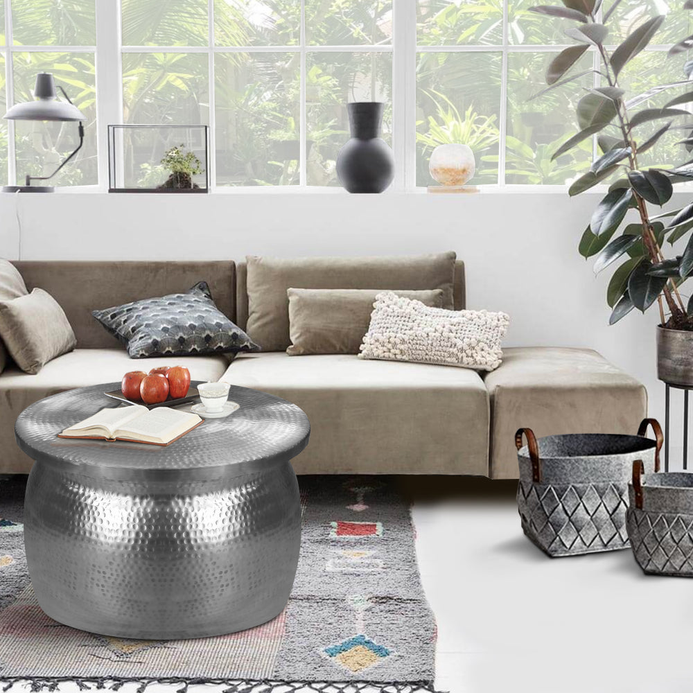 Drum Shape Round Top Aluminum Storage Accent Stool with Lid Top Open, Silver - BM213122