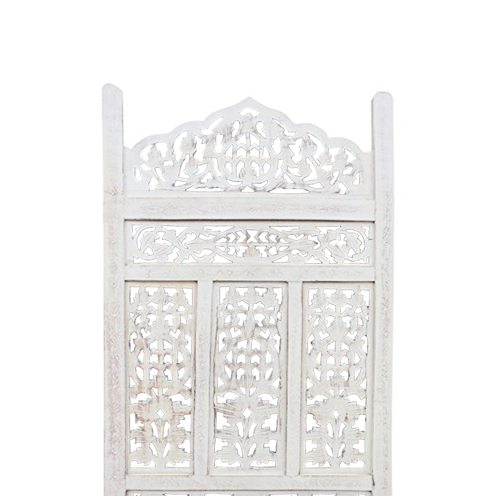 Aesthetically Carved 4 Panel Wooden Partition Screen/Room Divider, Distressed White - UPT-148945