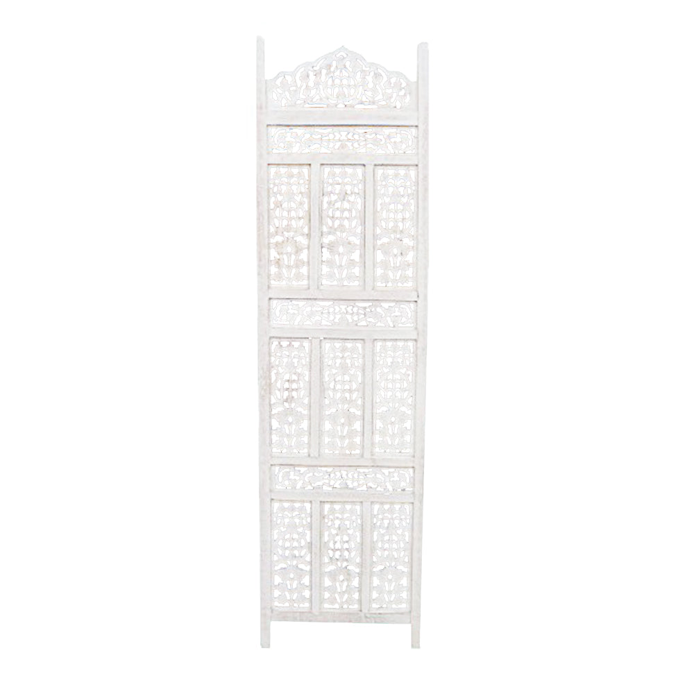 Aesthetically Carved 4 Panel Wooden Partition Screen/Room Divider, Distressed White - UPT-148945