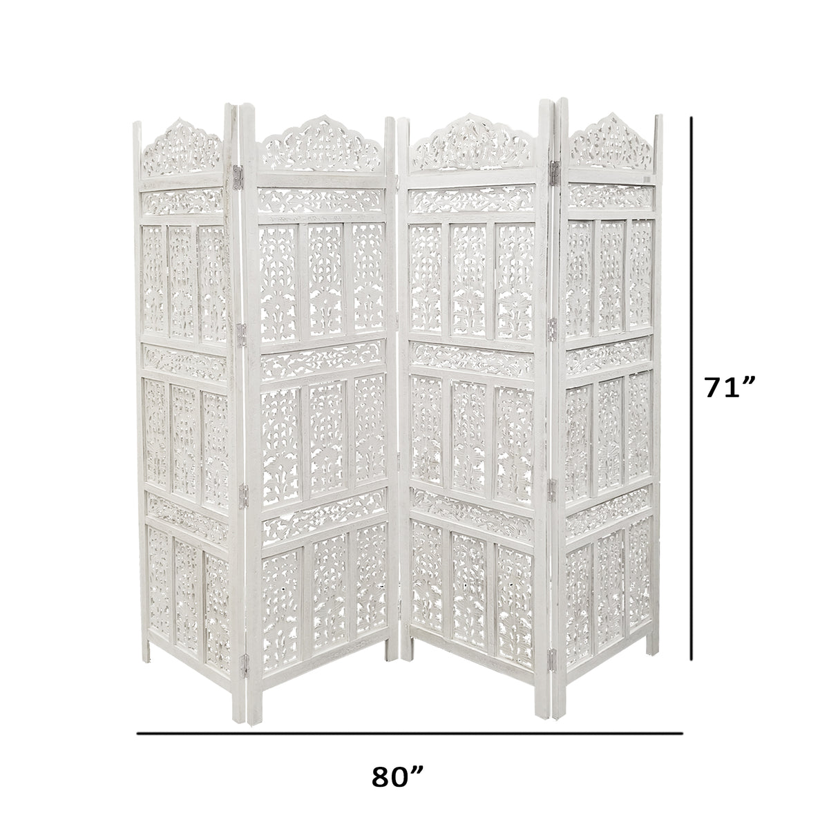 Aesthetically Carved 4 Panel Wooden Partition Screen/Room Divider, Distressed White - UPT-148945