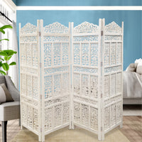 Aesthetically Carved 4 Panel Wooden Partition Screen/Room Divider, Distressed White - UPT-148945