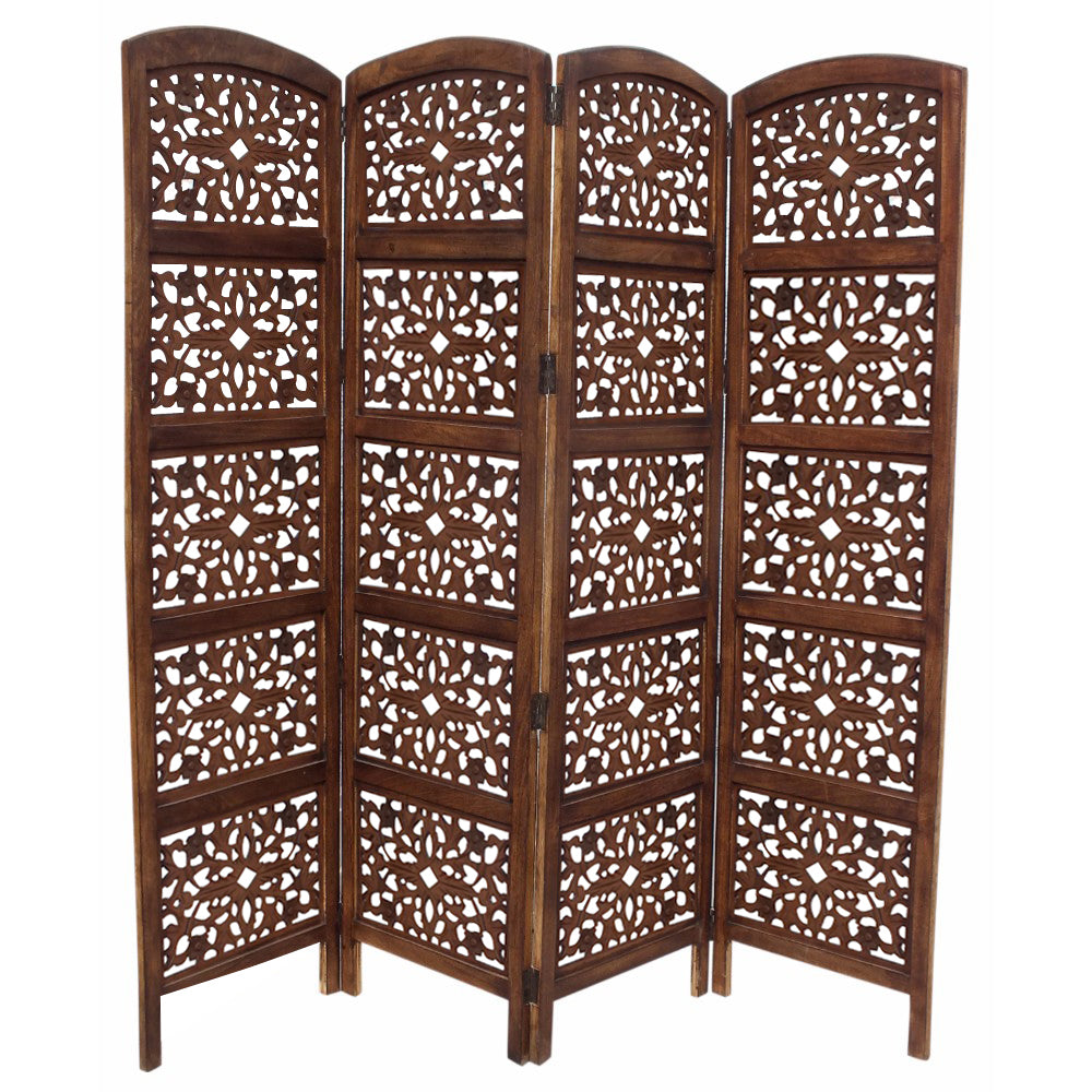 The Urban Port Handmade Foldable 4-Panel Wooden Partition Screen Room Divider, Brown - UPT-148948