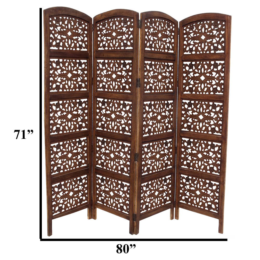 The Urban Port Handmade Foldable 4-Panel Wooden Partition Screen Room Divider, Brown - UPT-148948