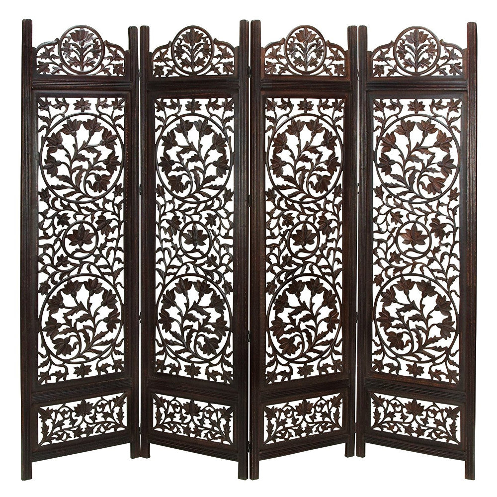 UPT-176789 Handcrafted Wooden 4 Panel Room Divider Screen Featuring Lotus Pattern-Reversible