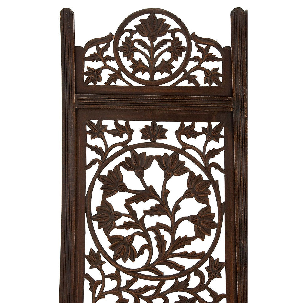 UPT-176789 Handcrafted Wooden 4 Panel Room Divider Screen Featuring Lotus Pattern-Reversible