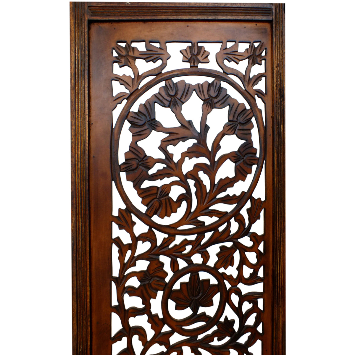 UPT-176789 Handcrafted Wooden 4 Panel Room Divider Screen Featuring Lotus Pattern-Reversible