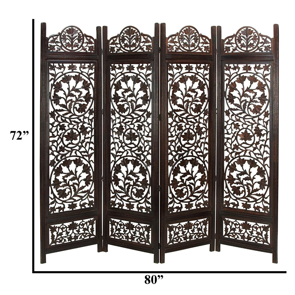 UPT-176789 Handcrafted Wooden 4 Panel Room Divider Screen Featuring Lotus Pattern-Reversible