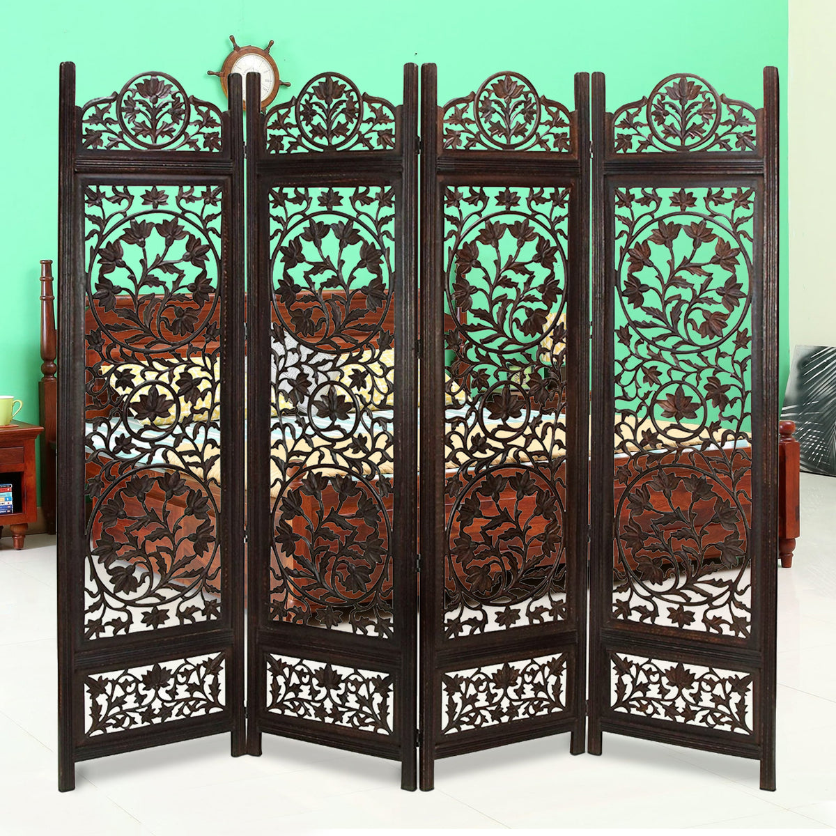 UPT-176789 Handcrafted Wooden 4 Panel Room Divider Screen Featuring Lotus Pattern-Reversible