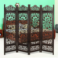 UPT-176789 Handcrafted Wooden 4 Panel Room Divider Screen Featuring Lotus Pattern-Reversible