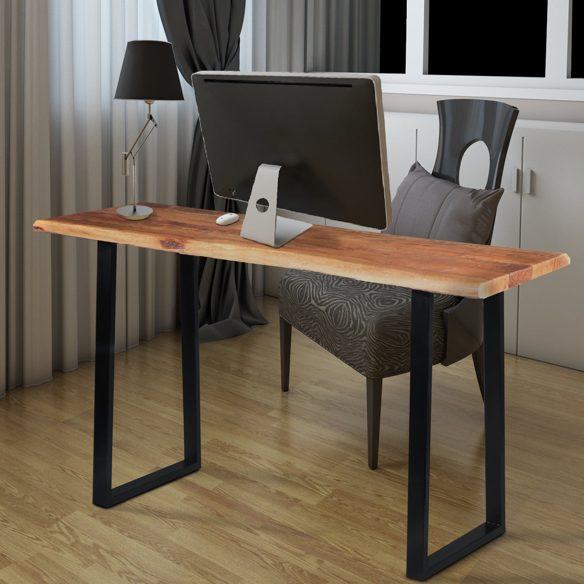 Industrial Wooden Live Edge Desk with Metal Sled Leg Support, Brown and Black ,By The Urban Port - UPT-195122