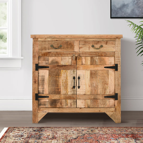 39 Inch Artisanal Farmhouse Style 2 Drawer Mango Wood Cabinet Console with 2 Door Storage, Rustic Brown - UPT-197307