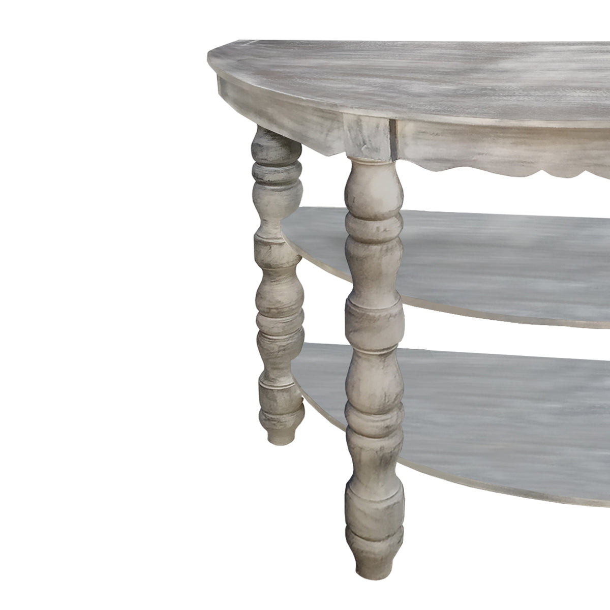 Half moon Shaped Wooden Console Table with 2 Shelves and Turned Legs, Gray - UPT-197310
