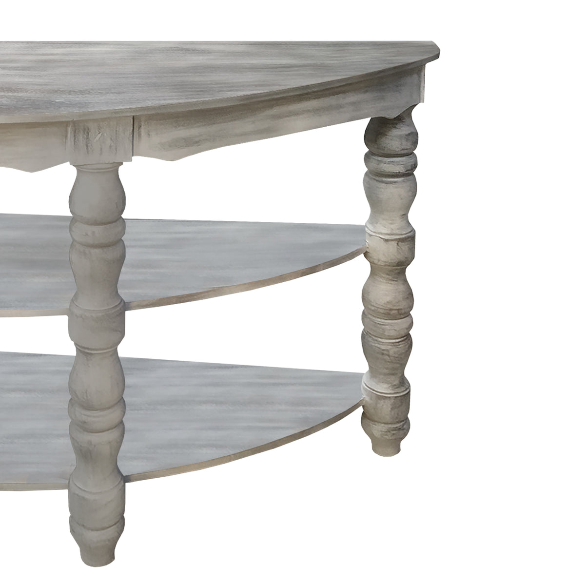 Half moon Shaped Wooden Console Table with 2 Shelves and Turned Legs, Gray - UPT-197310