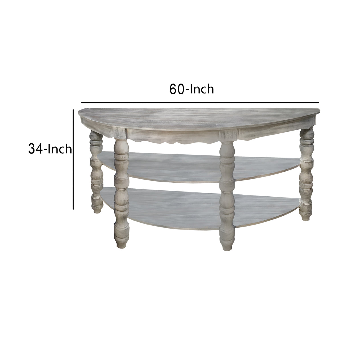 Half moon Shaped Wooden Console Table with 2 Shelves and Turned Legs, Gray - UPT-197310