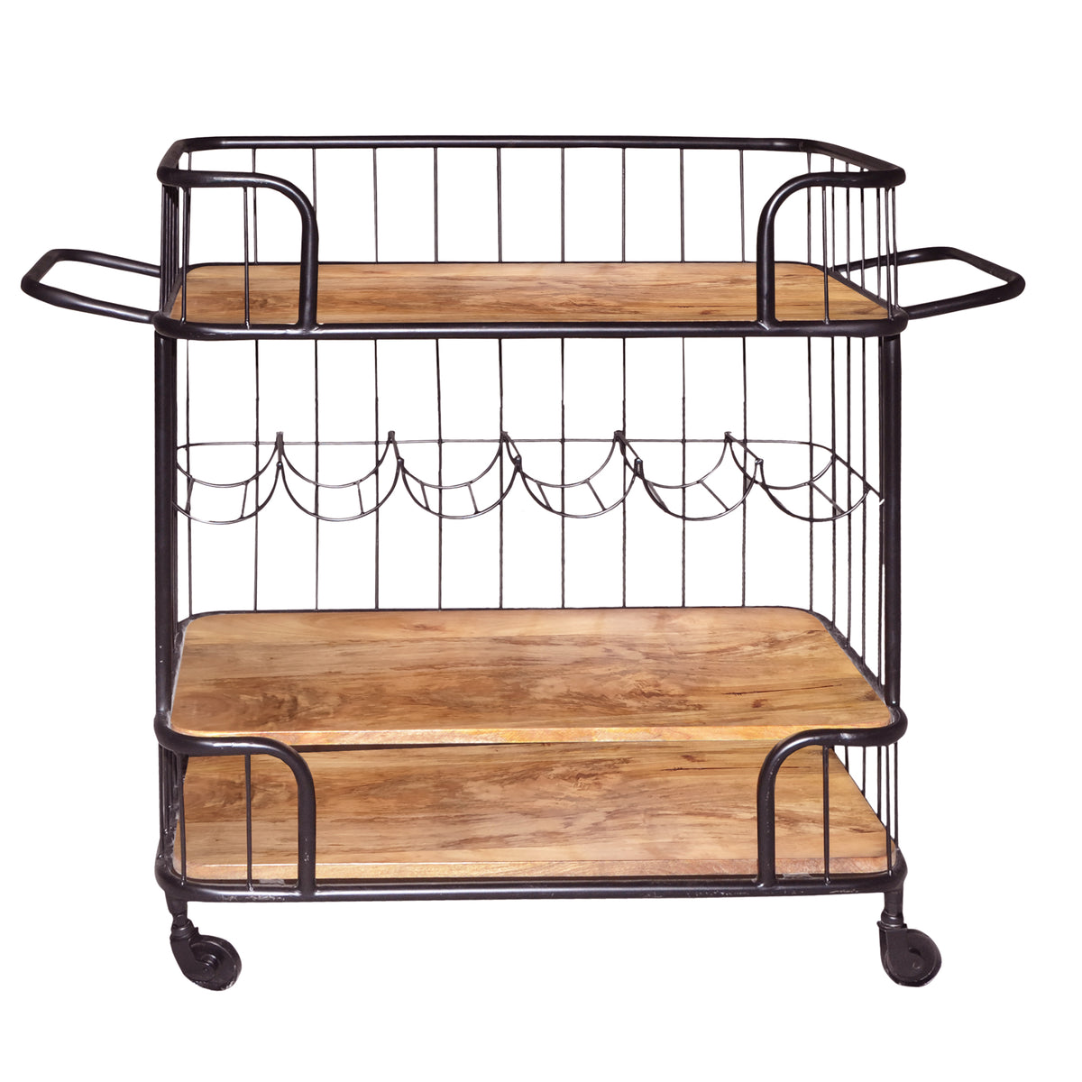 Metal Frame Bar Cart with Wooden Top and 2 Shelves, Black and Brown - UPT-197314