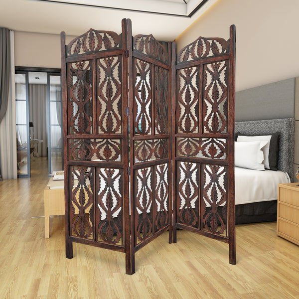 Decorative 3 Panel Mango Wood Screen with Abstract Carvings, Brown - UPT-200175