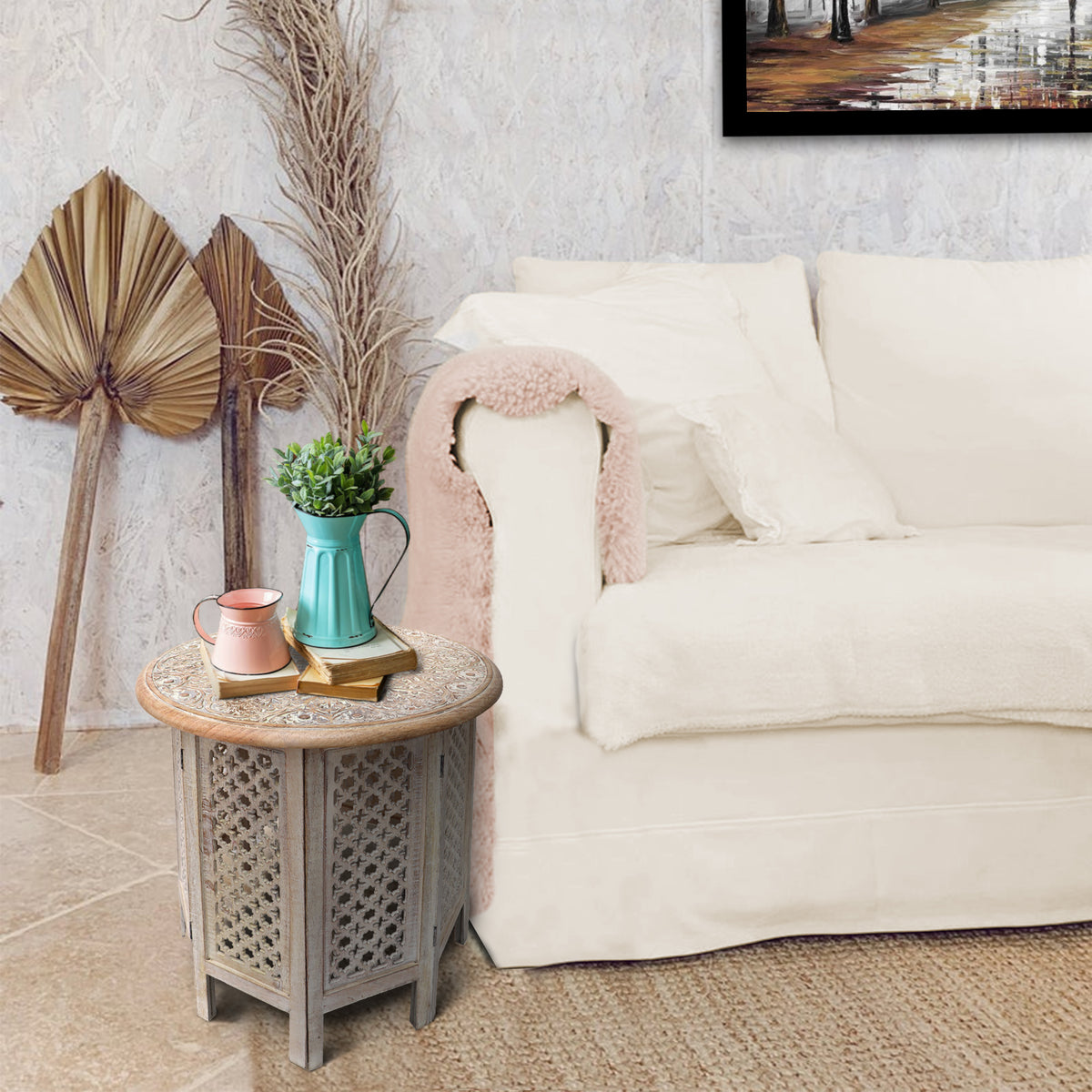 Mesh Cut Out Carved Mango Wood Octagonal Folding Table with Round Top, Antique White and Brown - UPT-209568