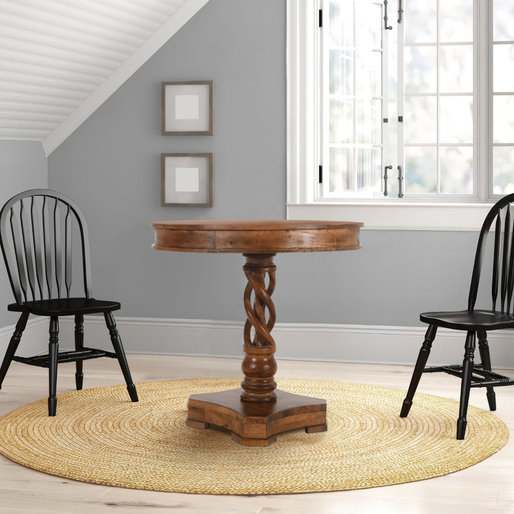 30 Inch Handcrafted Round Mango Wood Dinette, Artisanal Twisted Pedestal Base, Walnut Brown - UPT-213134