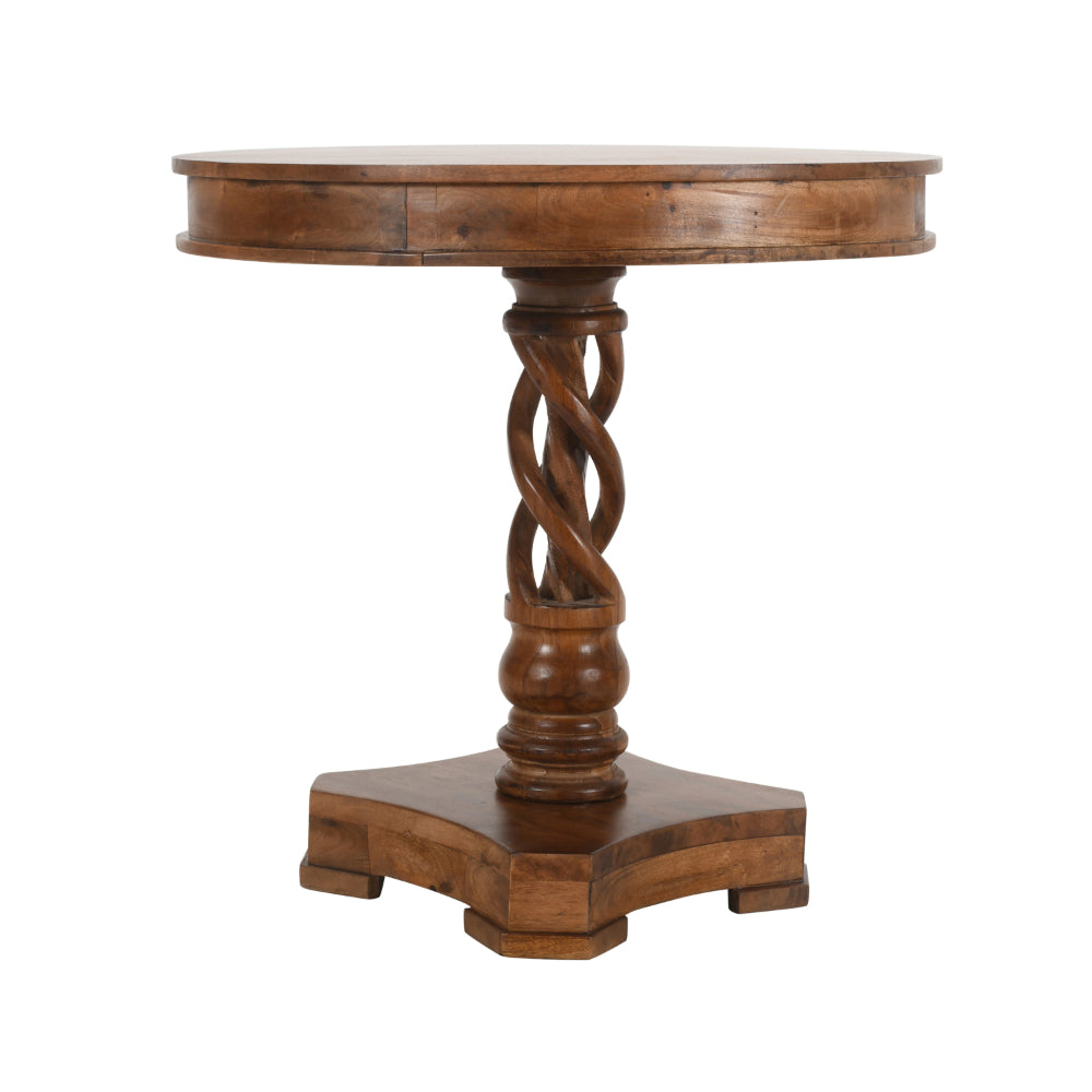 30 Inch Handcrafted Round Mango Wood Dinette, Artisanal Twisted Pedestal Base, Walnut Brown - UPT-213134