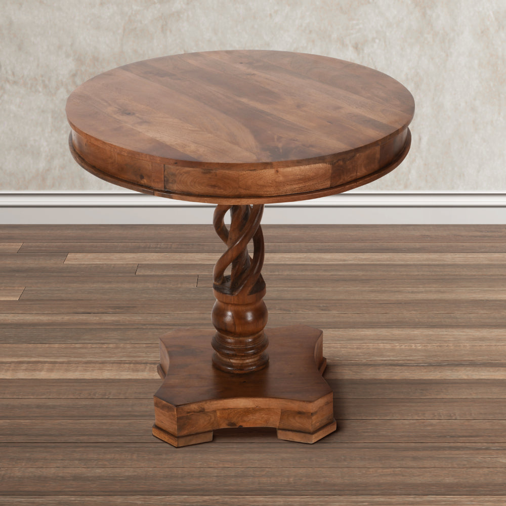 30 Inch Handcrafted Round Mango Wood Dinette, Artisanal Twisted Pedestal Base, Walnut Brown - UPT-213134
