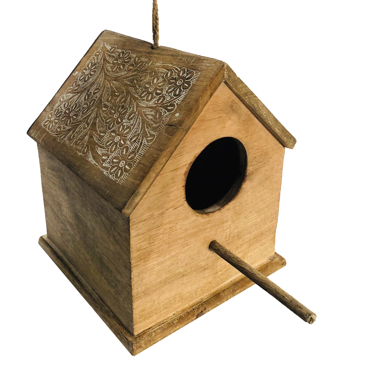 Hut Shape Decorative Mango Wood Hanging Bird House with Engraved Details, Distressed Brown - UPT-214885