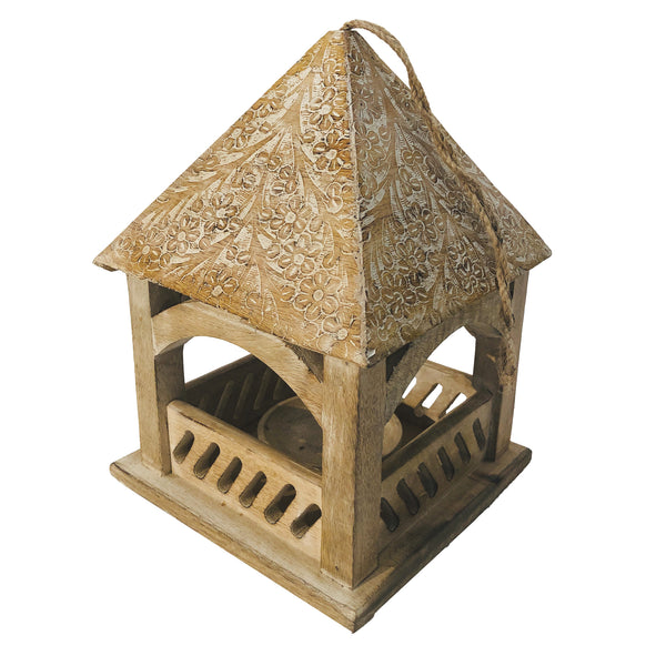 Floral Engraved Decorative Temple Top Mango Wood Hanging Bird House with Feeder, Brown - UPT-214886