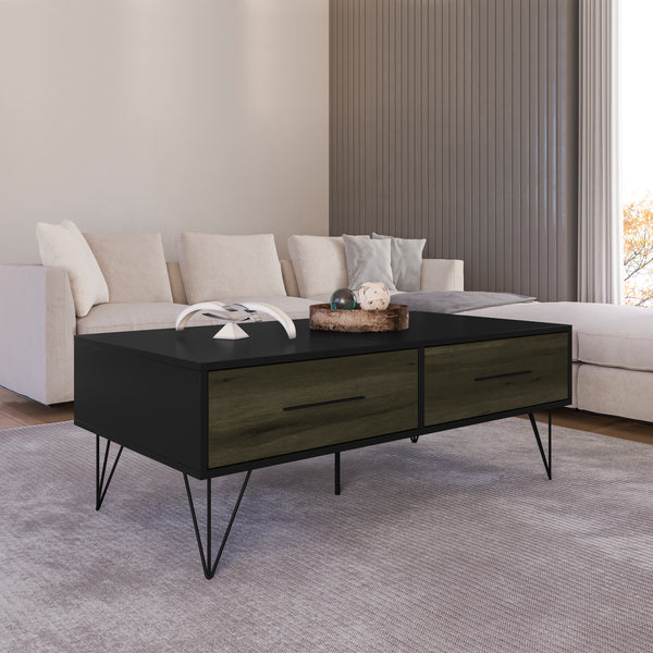 2 Removable Drawer Wooden Coffee Table With Hairpin Legs, Black and Brown - UPT-225267