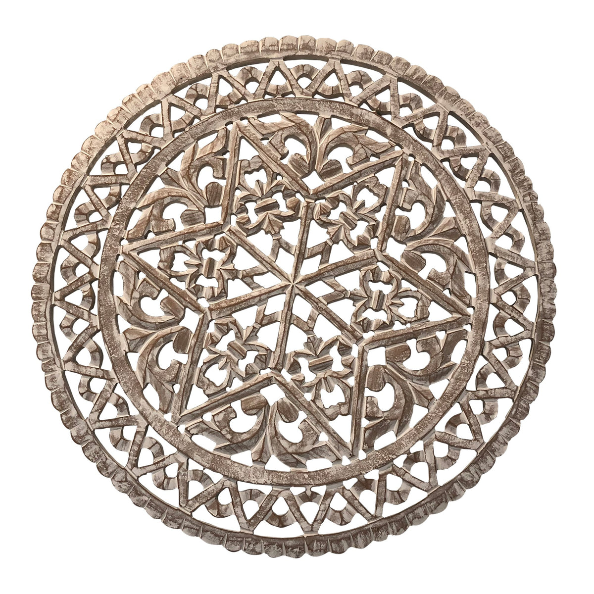 30 Inch Round Wooden Carved Wall Art with Intricate Cutouts, Distressed White - UPT-225286