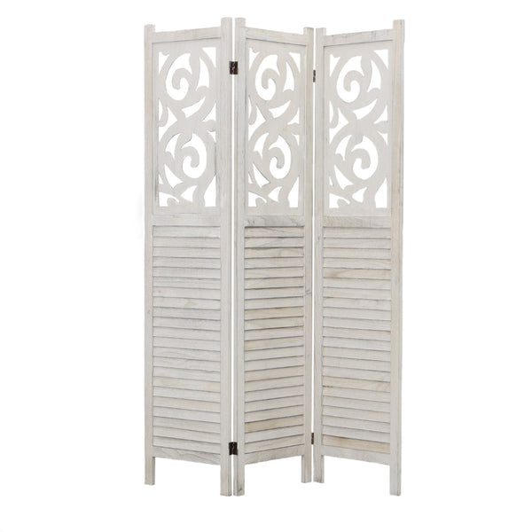 67 Inch Paulownia Wood Panel Divider Screen, Ornate Scrolled Shutter Design, 3 Panels, Rustic Gray - UPT-230660