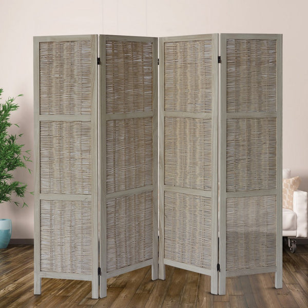 67 Inch Paulownia Wood 4 Panel Divider Screen, Woven Willow Design, Light Brown - UPT-230662