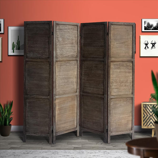 67 Inch Paulownia Wood Panel Divider Screen, Grain Details, Handcrafted, Rustic Brown - UPT-230663