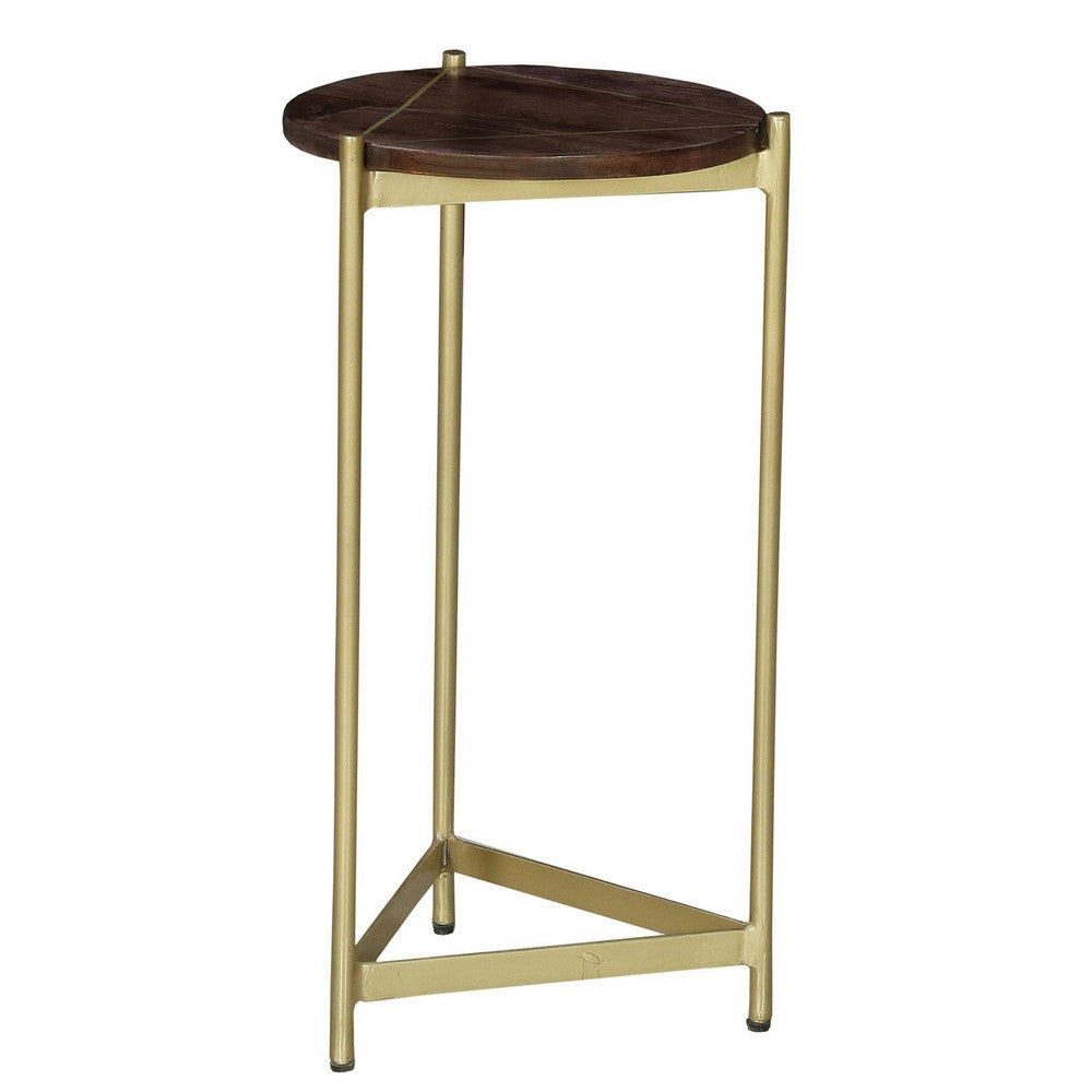 Brita 12 Inch Cocktail Accent Table, Round Wood Top, Triangular Gold Base, Brown, Brass - UPT-231747