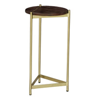 Brita 12 Inch Cocktail Accent Table, Round Wood Top, Triangular Gold Base, Brown, Brass - UPT-231747