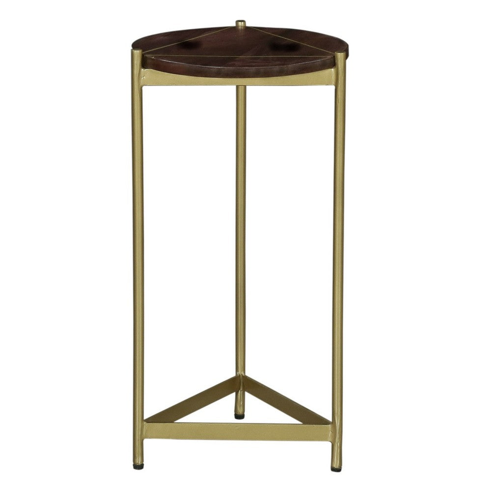 Brita 12 Inch Cocktail Accent Table, Round Wood Top, Triangular Gold Base, Brown, Brass - UPT-231747