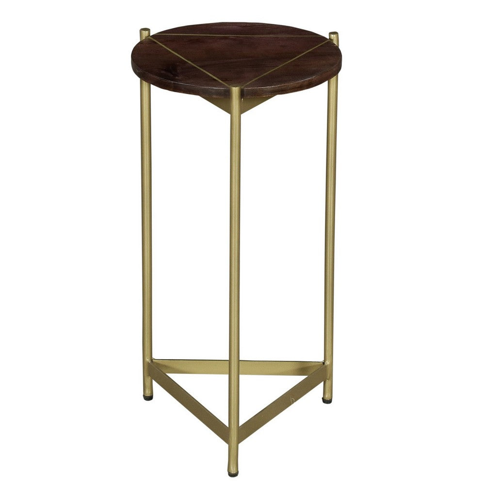 Brita 12 Inch Cocktail Accent Table, Round Wood Top, Triangular Gold Base, Brown, Brass - UPT-231747