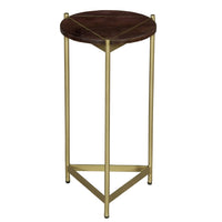 Brita 12 Inch Cocktail Accent Table, Round Wood Top, Triangular Gold Base, Brown, Brass - UPT-231747