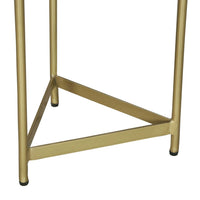 Brita 12 Inch Cocktail Accent Table, Round Wood Top, Triangular Gold Base, Brown, Brass - UPT-231747
