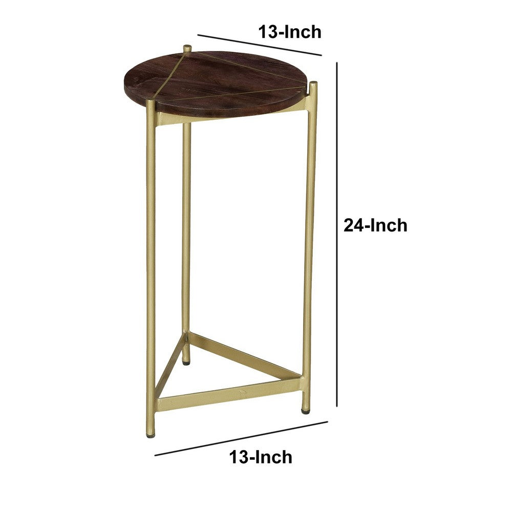 Brita 12 Inch Cocktail Accent Table, Round Wood Top, Triangular Gold Base, Brown, Brass - UPT-231747