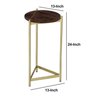 Brita 12 Inch Cocktail Accent Table, Round Wood Top, Triangular Gold Base, Brown, Brass - UPT-231747