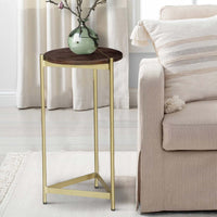 Brita 12 Inch Cocktail Accent Table, Round Wood Top, Triangular Gold Base, Brown, Brass - UPT-231747