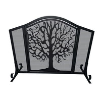 43 Inches 3 Panel Iron Fireplace Screen, Mesh Design, Arched Top, Tree of Life Art, Black - UPT-232047