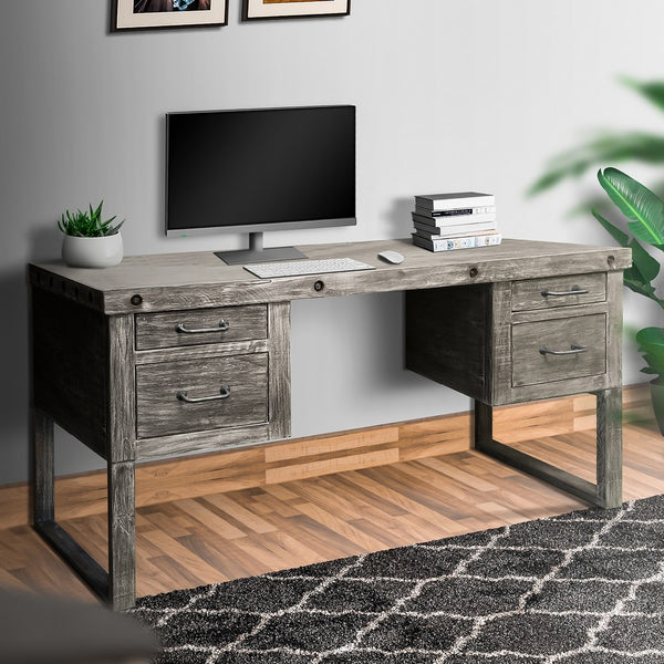 61 Inch Rustic Style Home Office Desk, Brazilian Pine, 4 Drawers, Distressed Gray - UPT-233116