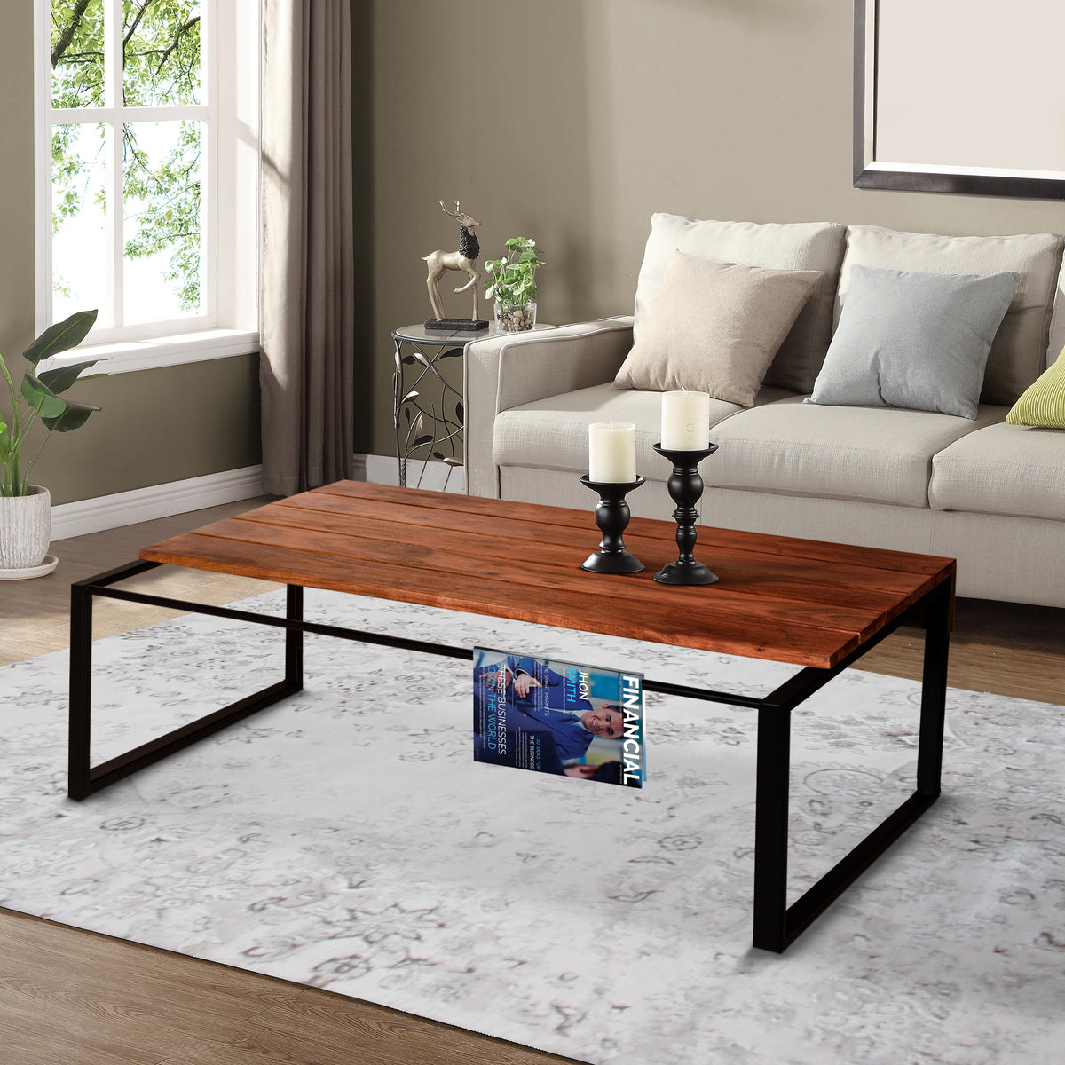 41.7 Inch Rectangular Coffee Table with Plank Style Top, Metal Frame, Brown and Black - UPT-238064